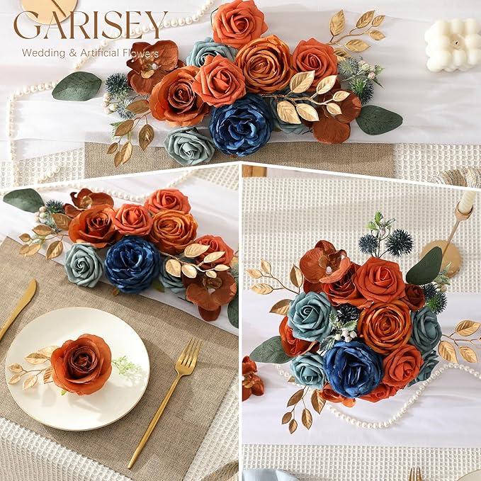 Garisey Artificial Flowers Combo for DIY Wedding Bouquets Combo Centerpieces Arrangements Party Bridal Baby Shower Home Decorations-Teal&Terracotta