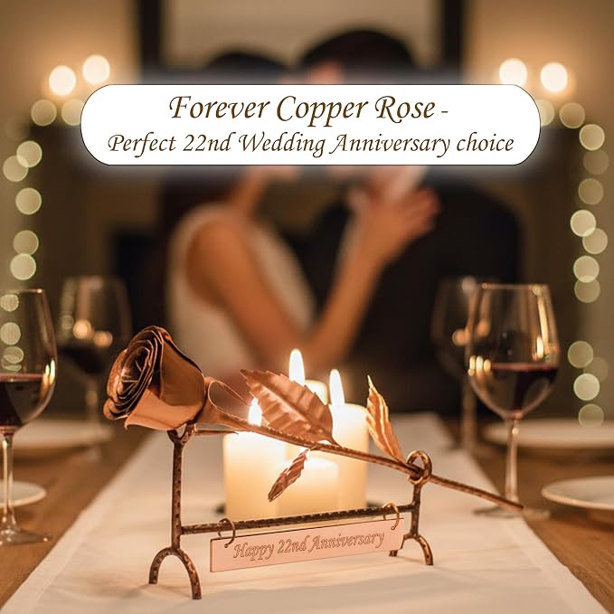 Copper Rose with Stand & Engraved Plate Happy 22nd Anniversary - Solid Copper Flower - 22 Years Wedding Anniversary Decor for Wife, Him or Her