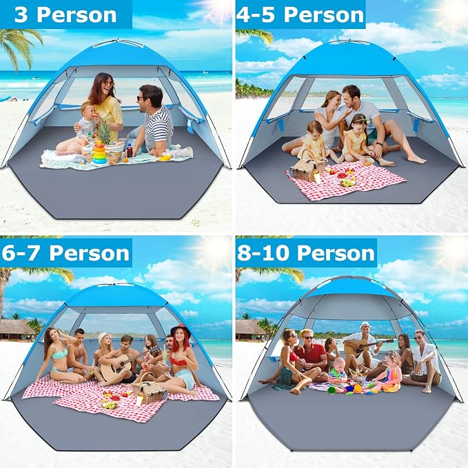 Gorich Beach Tent Sun Shelter for 3/4/6/8/10 Person with UPF 50＋ UV Protection, Lightweight & Easy Setup Beach Shade Canopy, Portable Beach Shade Tent Beach Cabana