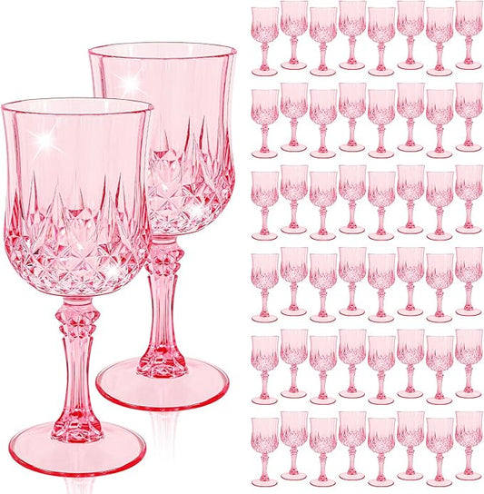 48 Pcs Pink Plastic Wine Glasses, Plastic Goblets for Parties, Vintage Wine Glasses Bulk, Reusable Drinking Glass, Drinkware Cups for Wedding Party Reception Event Supplies