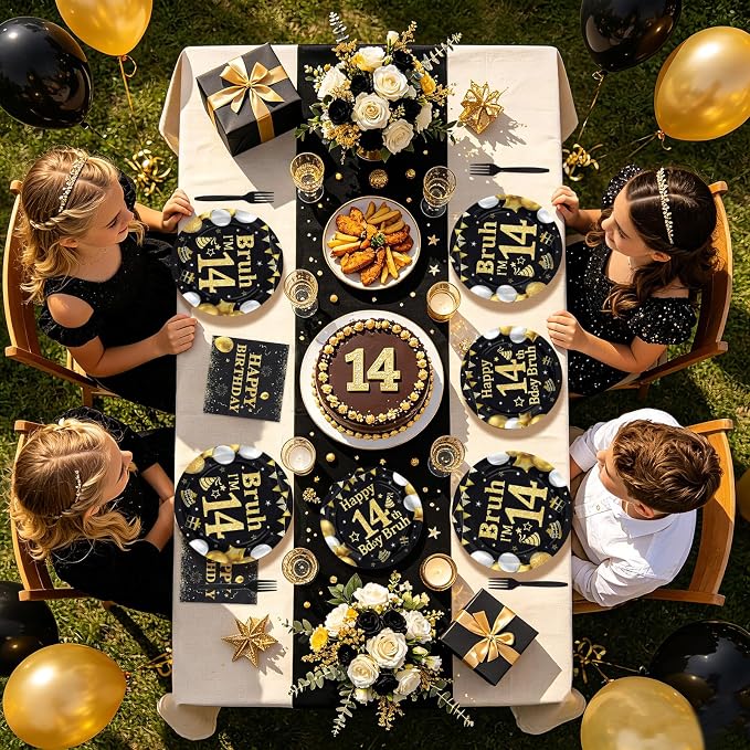 96 Pcs Bruh 14th Birthday Party Decorations Black Gold Bruh I’m 14 Plates and Napkins It's My 14th Birthday Tableware Set for Teen Boys and Girls 14 Years Old Party Supplies, Serves 24