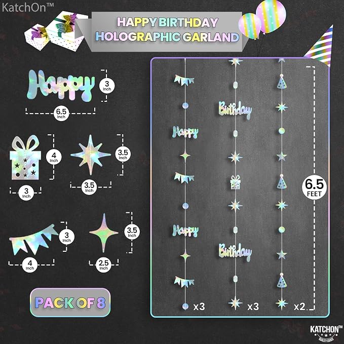 KatchOn, Iridescent Happy Birthday Circle Dot Twinkle Star Garland Kit - 6.5 Ft, Pack of 8 | Metallic Silver Hanging Garland for Happy Birthday Decorations | Disco Theme Party Decorations | No DIY