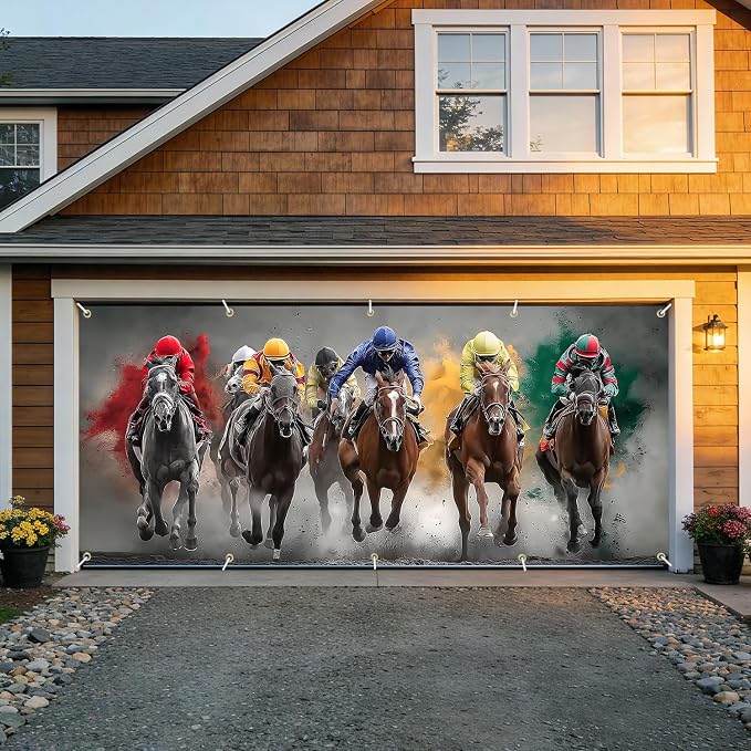 Horse Racing Garage Door Banner Cover 7x16FT Waterproof –Kentucky Derby Backdrop with Jockeys,Indoor Outdoor Decor for Derby Party,Sports Events,Photo Booth & Race Day Celebration