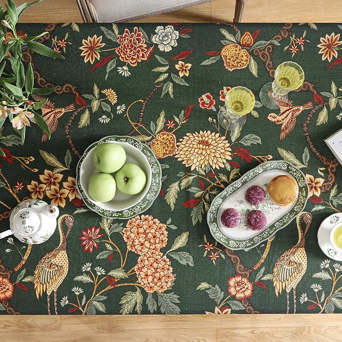 ISAENNE Designer Linen Green Rectangular Tablecloth,118"x67"-Mitchell | Vintage Elegant Long Table Cloth Rectangle Table,Floral and Bird Pattern,Dining Room,Kitchen,Tea Party,Thanksgiving,Decor