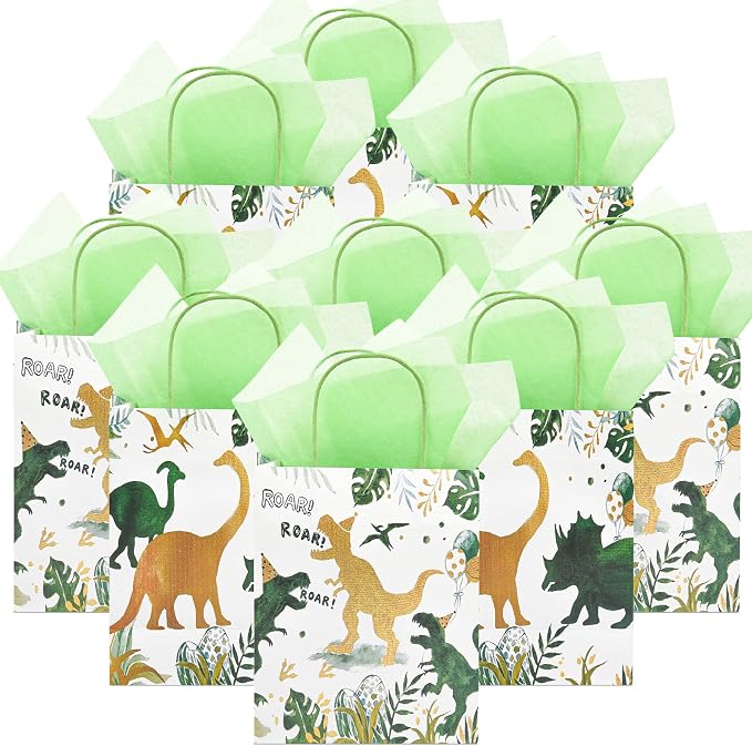 DjinnGlory 36 Pack Medium T-Rex Dinosaur Dino Themed Gift Bags with Handles and Green Tissue Paper for Boys Girls Kids Birthday Party Favors Goodies Treats,10x8x4 Inch (2 Assorted Designs)