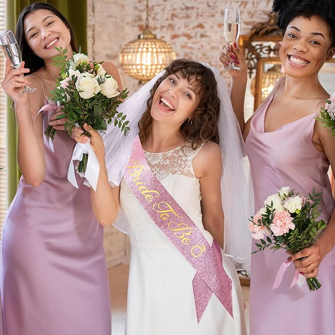 Glitter Bride to Be Sash Set – Glitter Sash, Plain Veil & Temporary Tattoos – Bridal Shower Hen Night Bachelorette Party Accessories