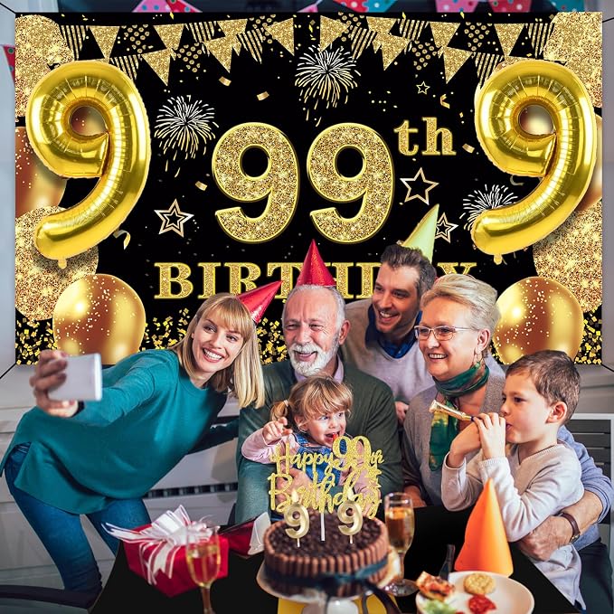 99th Birthday Decorations Men Women with 99th Birthday Banner, Black and Gold Table Cloth, Number Balloons, Large Sash, Cake Topper and Candles