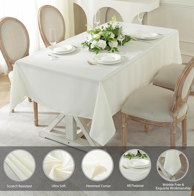5 Pack Rectangle Tablecloth, 60 x 126 Inch Ivory Tablecloth, 8ft Rectangle Table Cloth, Polyester Fabric Washable Tablecloth for Home, Party, Wedding or Restaurant Use.