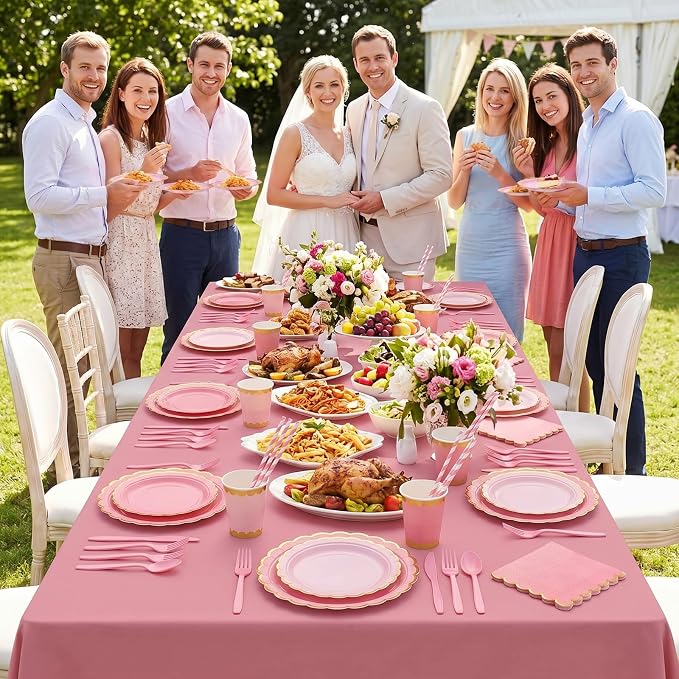 Vesici 452 Pcs Pink Party Supplies Set for 50 Guests 9'' 7'' Paper Plates Napkins Tablecloths 9 oz Cups Cutlery Straws Disposable Tableware for Girls Birthday Baby Shower Wedding Tea Party Decoration