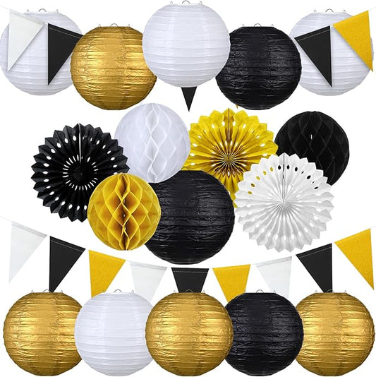 Hollowfly 20 Pcs 2026 New Years Party Decoration New Year Paper Lanterns Black Gold Party Decoration Paper Fan Hanging Honeycomb Ball Triangle Flag for Supplies Decorations