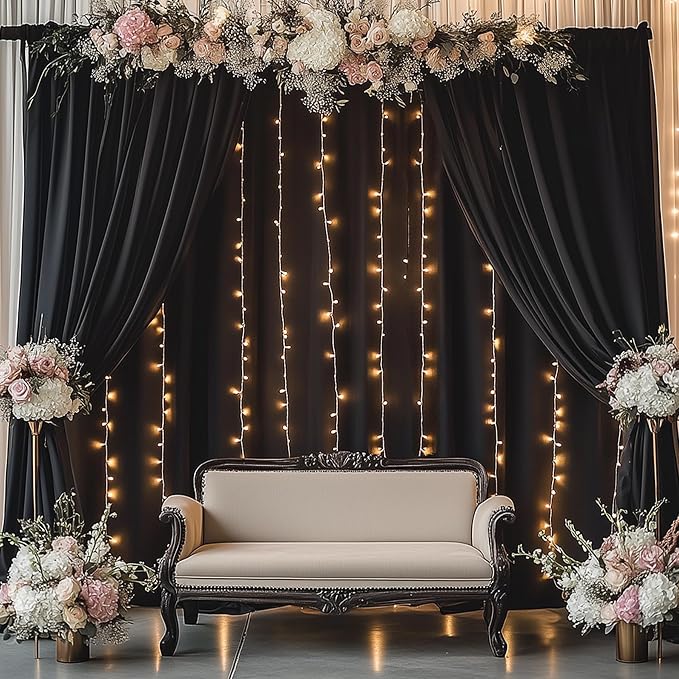 50ftx14FT Wrinkle Free Black Backdrop Curtain, 10 Panels 14FT Height Black Wedding Backdrop Drapes, Silky Polyester Back Drop Cloth for Birthday Photography Background Party Backdrop Draping