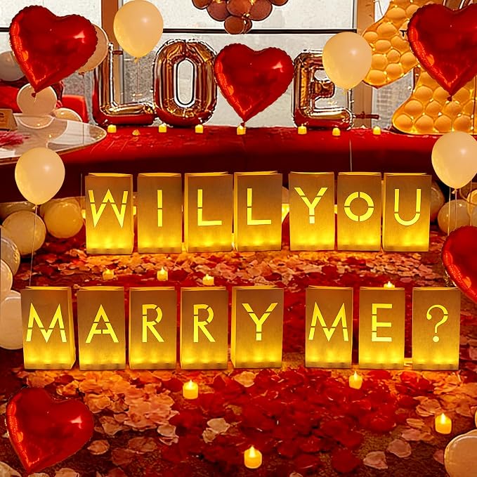 Will You Marry Me Light Up Letters, Paper Luminary Bags with LED Flameless Candles Fake Rose Petals Latex Foil Balloons for Girlfriend Women Valentines' Day Anniversary Proposal Decorations