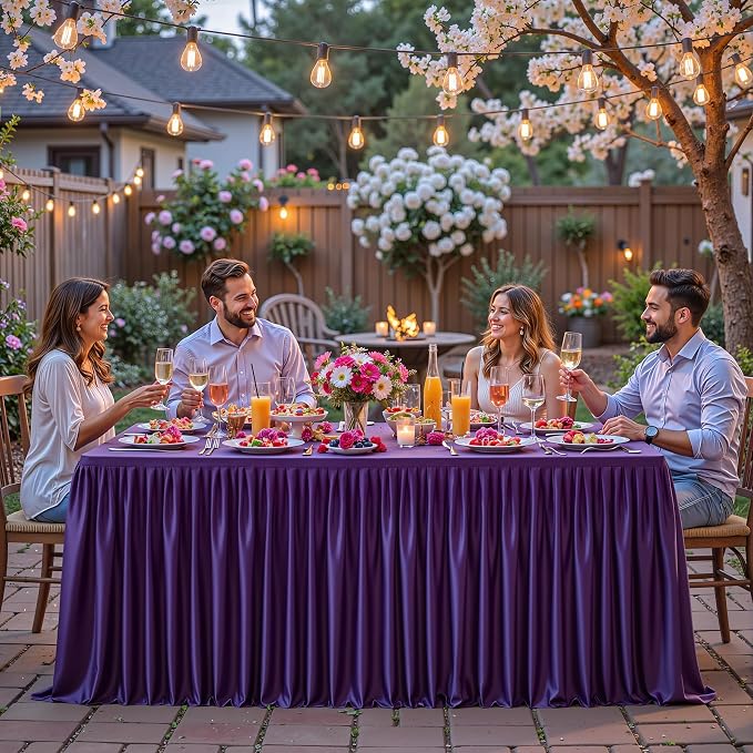 PARTISKY 6 Pack Purple Tablecloths for Rectangle Tables 6ft, Wrinkle Resistant Spandex Table Cover Fitted Stretch Table Cloth with Pleated Ruffle Skirts for Party Banquet Dining Birthday Wedding