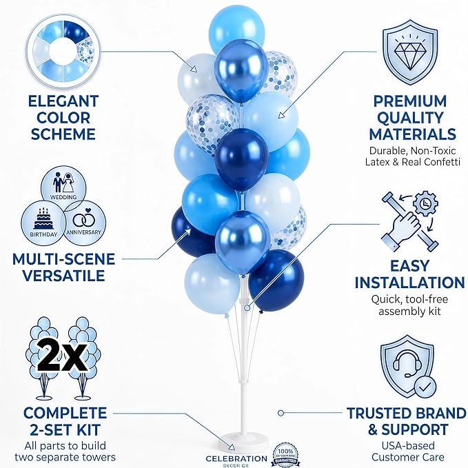 Hiins Balloon Column Kit Set of 2 With Balloons Included - with Base, and Pole,Balloon Tower Backdrop Decoration for Wedding, Baby Shower, Birthday Party, or Bachelorette Parties (Pearl Blue)