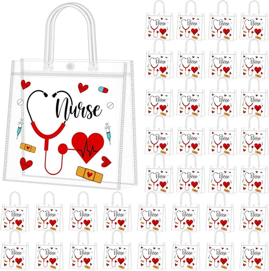 Supervitae 36 Pcs Nurse Week Gift Bags with Handle Reusable Plastic PVC Nursing Appreciation Party Favor Bag Goodies Treats Totes for Nurse Day Graduation Student RN School Office, 8 x 8 x 3.15 Inch