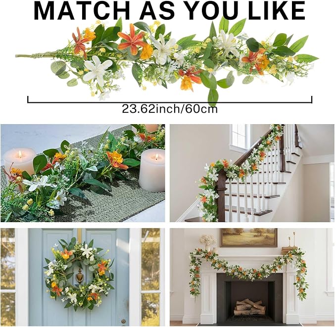 MOYEE Summer Centerpieces for Tables Candle Ring, Black Metal Candlestick with an Artificial Wreaths 14 in Versatile Dining Table Centerpiece Decor (an Orange and White Wreath)