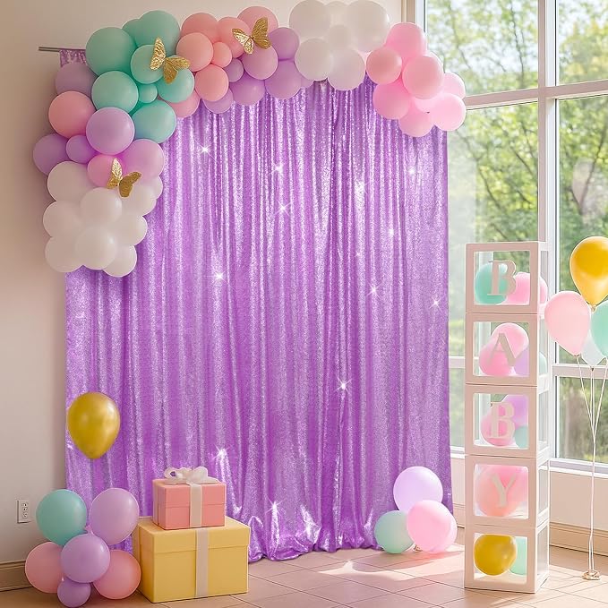 SquarePie 7x7ft Lavender Sequin Backdrop for Photography, Satin-Backed Real Sequin Curtain, Enhanced Coverage Shimmering Background with 4" Rod Pocket for Wedding, Birthday, Party Decor, 1 Panel