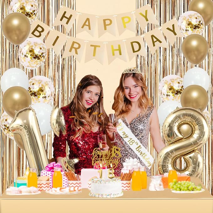 Trgowaul Happy 18th Birthday Decorations for Girls, Banner, Sash and Crown, Cake Topper, 18 Number Balloon, Fringe Curtains, Champagne Gold 18th Birthday Party Supplies
