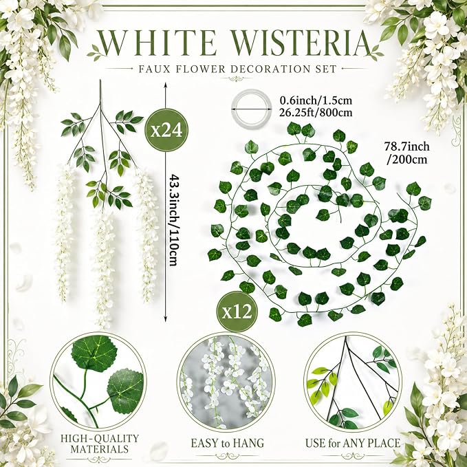 36 Pcs Fairy Party Garland Decorations Set Artificial Wisteria Hanging Flower Garland Wisteria Vines Greenery Whimsical Ceiling Decor for Classroom Wedding Party Indoor Outdoor Garden(White)