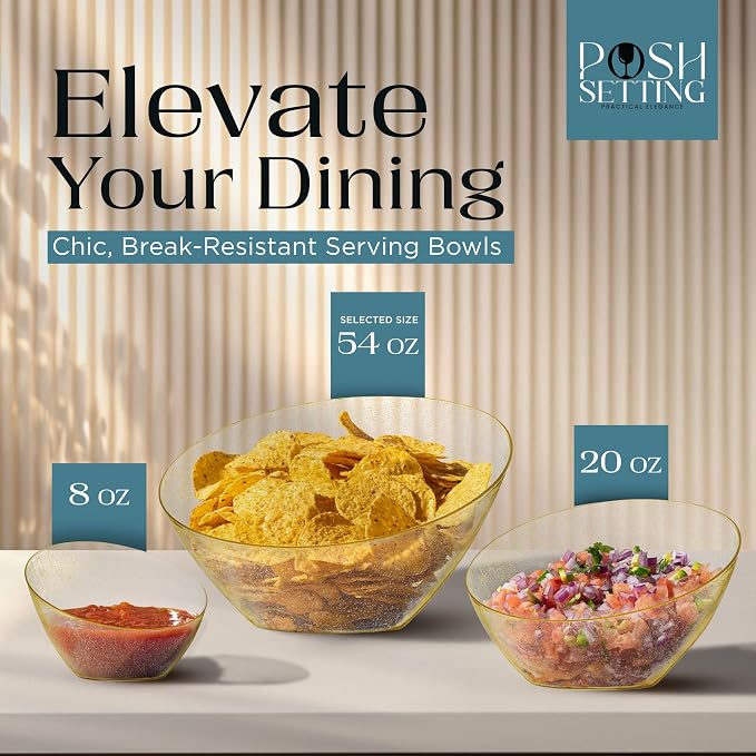 Posh Setting - Gold Plastic Serving Bowls for Party - Angled, Disposable, Chip & Candy Bowls - 54 OZ, 5 Pack