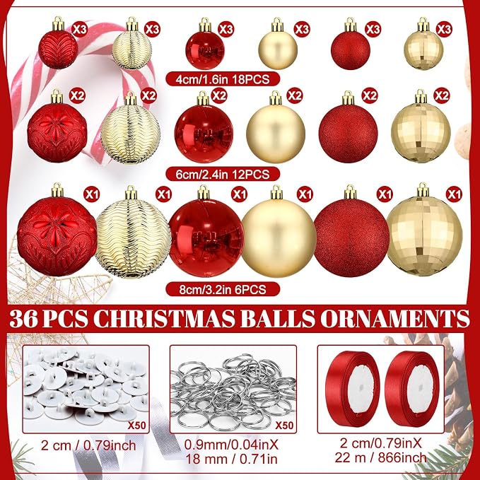 36 Pcs Christmas Balls Ornaments for Ceiling, 1.6'' 2.4'' 3.2'' Large Big Shatterproof Christmas Hanging Decorations Balls for Tree Xmas Holiday Party Indoor(Red, Gold)