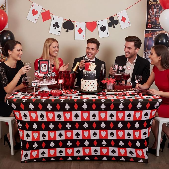 Frienda 1 Pcs Casino Theme Party Decorations Tablecloth Spandex Stretch Red and Black Poker Tablecloth 71 x 30'' Casino Themed Table Cover for Poker Game Playing Card Birthday Party Supplies
