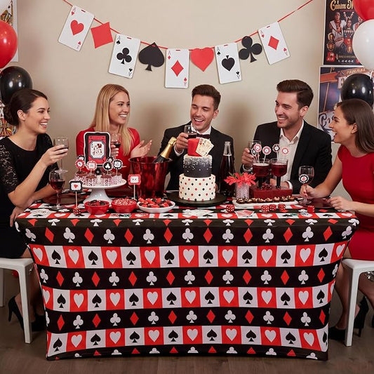 Frienda 1 Pcs Casino Theme Party Decorations Tablecloth Spandex Stretch Red and Black Poker Tablecloth 71 x 30'' Casino Themed Table Cover for Poker Game Playing Card Birthday Party Supplies