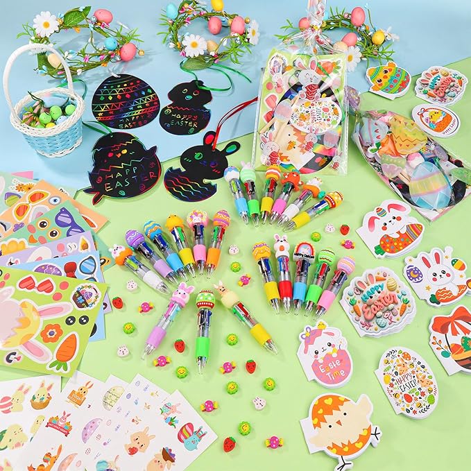 24 Pack Easter Party Favors Classroom Gifts Set with Classic Spring Designs, Easter Goodie Bags with Notebooks Pens Stickers Tattoos Scratch Art for Classroom Gifts Basket Stuffers