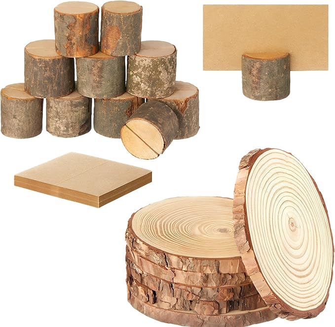 Amyhill Wedding Table Centerpieces 6 Wood Slices 12 Wood Place Card Holders 30 Kraft Place Cards Natural Wooden Table Number Holders Rustic Food Labels Sign Name Card Photo Picture Holder for Party