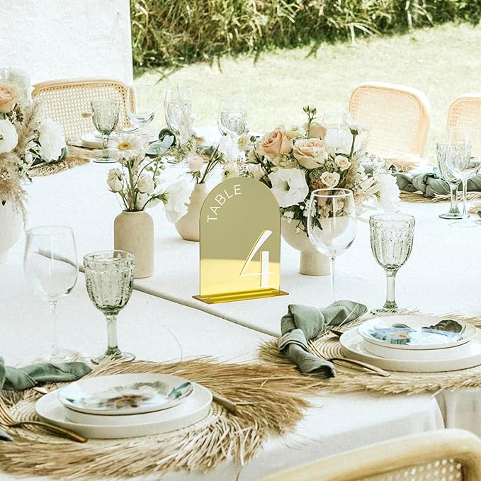 Gold Mirror Arch Wedding Table Numbers 1-10 with Stand, 10 Pack 5x7 Inch Mirrored Acrylic Arch Signs with Raised White Numbers, Gold Acrylic Table Numbers for Wedding Reception