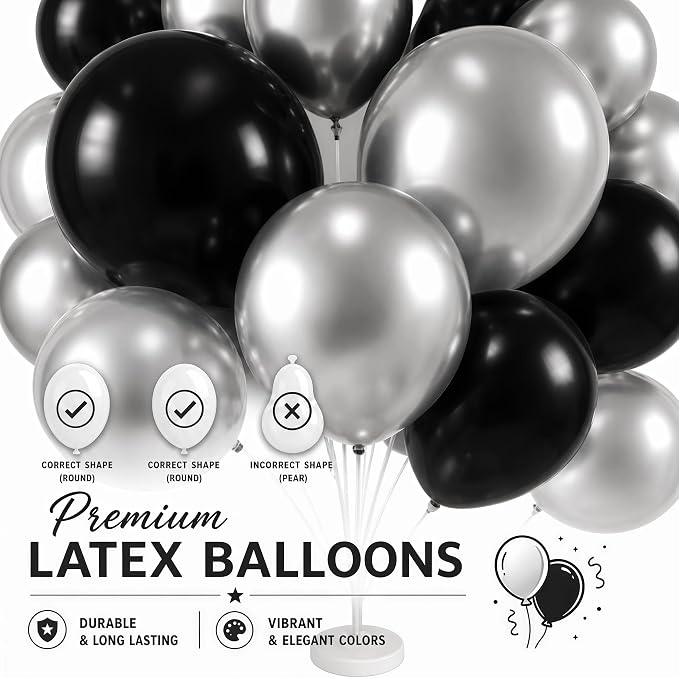 Balloon Column Kit for Floor-Balloon Columns with Stand, Base and Pole,Balloon Tower Backdrop Decoration for Wedding, Baby Shower, Birthday Party, or Bachelorette Parties (BLACK SILVER)