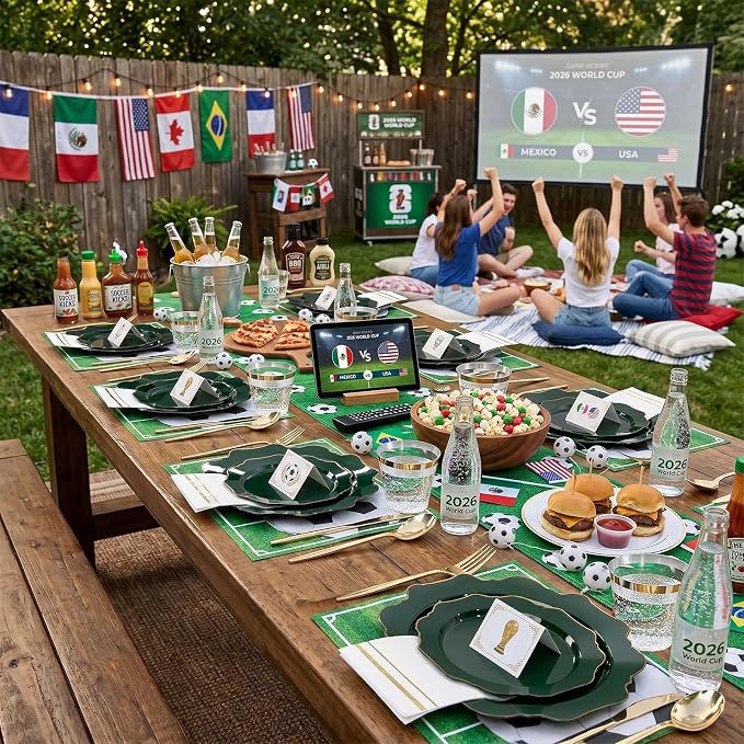 WDF 175Pcs Green Plastic Plates - Green Plates Disposable with Gold Rim - Christmas Plastic Plate - Fancy Disposable Dinnerware Sets 25 Guests Ideal for Party/Wedding/Birthday/2026 FIFA World Cup