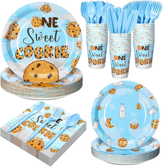 Yungyan 252 Pcs Milk and Cookies Birthday Party Tableware Set One Sweet Cookie Plates Napkins Cups Forks Knives Spoons for 1st Birthday Party Decorations Supplies 36 guests