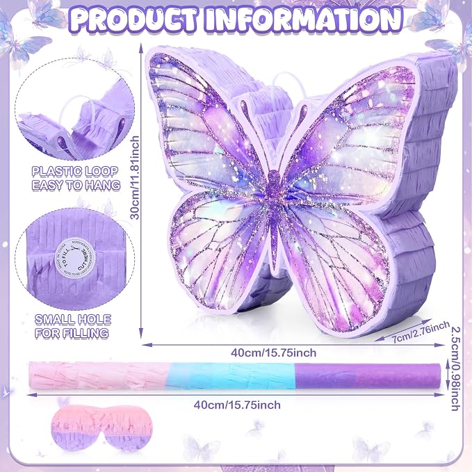 VioraWhite Butterfly Piñata for Birthday Party Supplies Purple Butterfly Piñata Decorations with Pink Purple Stick and Blindfold for Birthday Party Decorations Game Supplies