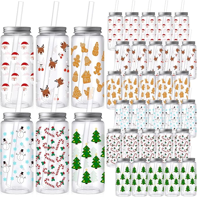 Skylety 30 Pcs Christmas Plastic Cups with Lids and Straws 13.5 oz Tree Gingerbread Snowman Santa Claus Elk Candy Reusable Plastic Tumbler Christmas Party Decor for Xmas Women Birthday Party Supplies