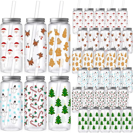 Skylety 30 Pcs Christmas Plastic Cups with Lids and Straws 13.5 oz Tree Gingerbread Snowman Santa Claus Elk Candy Reusable Plastic Tumbler Christmas Party Decor for Xmas Women Birthday Party Supplies