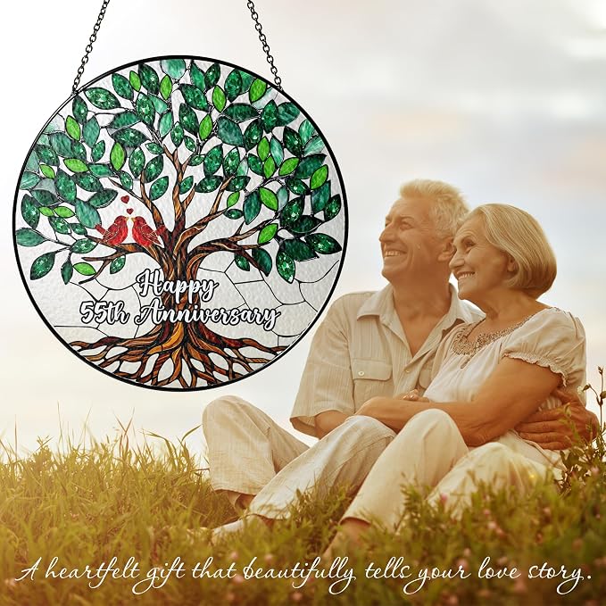 55th Wedding Anniversary Stained Glass Suncatcher, 6x6' Anniversary Decorations, 55th Celebration Marriage Gifts for Parents, Couple, Wife & Husband, 55 Wedding Milestone Keepsake