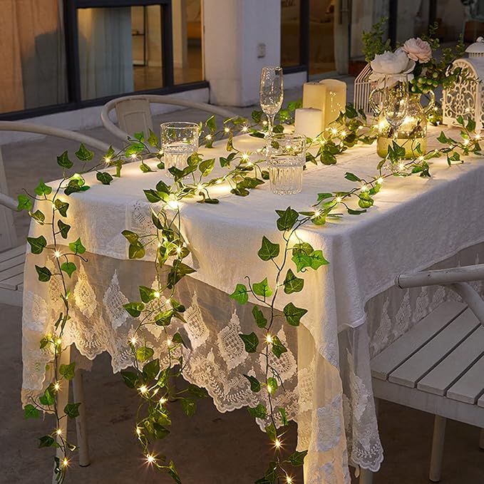 DEKEones 12 Packs Artificial Ivy, 84FT Garland Hanging Plants Fake Vines with 200 LED String Light for Bedroom Wedding Party Garden Wall Room Home Decor