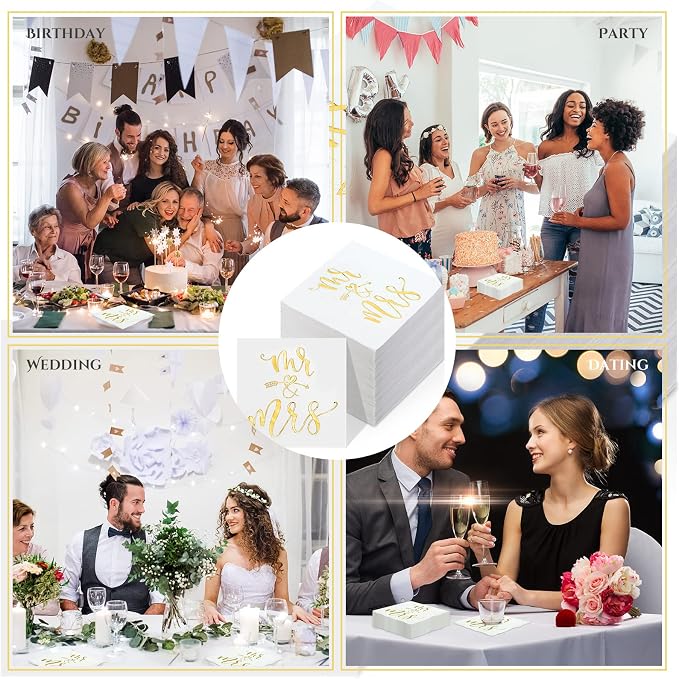 200 Pcs Wedding Napkins Mr and Mrs Napkins for Wedding Reception 3 Ply Gold Foil Disposable Cocktail Beverage Dessert Napkins for Bridal Shower Engagement Party Cake Table Decor(Arrow & Heart)