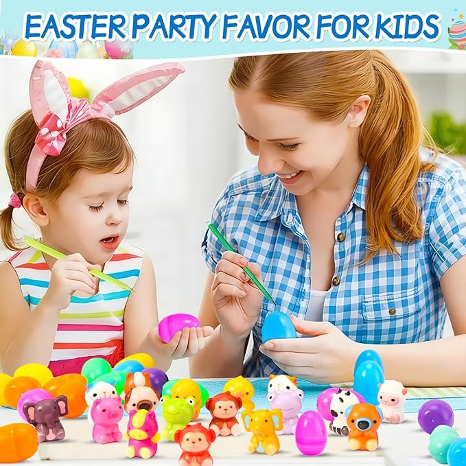 24 Pcs Prefilled Easter Eggs for Kids with Animal Squishy Toys, Easter Eggs Filled for Egg Hunt, Basket Stuffers & Goodie Bag Fillers, Classroom and School Prize Supplies