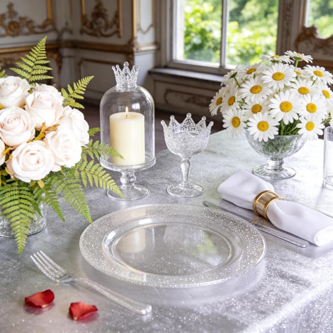 I00000 144Pcs Silver Glitter Dessert Plates Set, Includes 72Pcs Plastic Dessert Plates 7.5",72Pcs Silver Forks 7.4", Plastic Salad Plates for Birthday, Wedding & Party