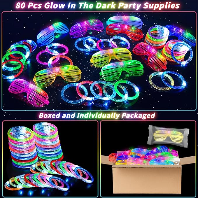 120 Pcs Glow in the Dark Party Supplies with Light up Glasses LED Bracelets 10 Neon Colors Glow Stick Bracelet Flashing Glasses for Kid Adult Rave Birthday Wedding Halloween Christmas Party Toys Favor