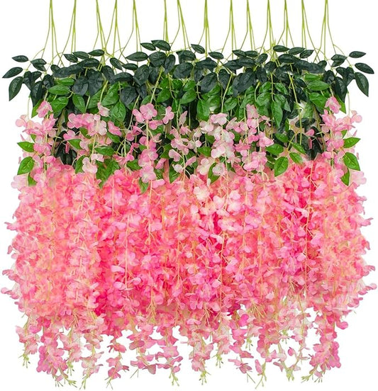36 Pack Artificial Wisteria Hanging Flowers Fake Wisteria Flower Garland Silk Vines Rattan Decor for Home Wedding Arch Wall Garden Greenery Bedroom Outdoor Office Party Decoration (Dark Pink)