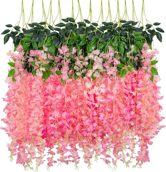 36 Pack Artificial Wisteria Hanging Flowers Fake Wisteria Flower Garland Silk Vines Rattan Decor for Home Wedding Arch Wall Garden Greenery Bedroom Outdoor Office Party Decoration (Dark Pink)