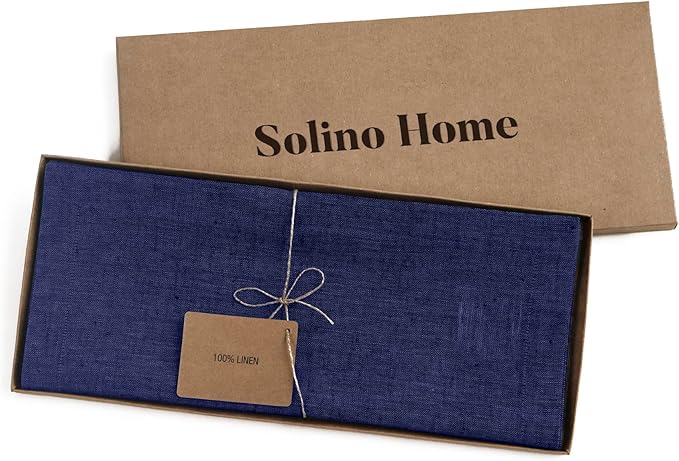 Solino Home Linen Chambray Navy Table Runner 120 Inches Long - Athena, 100% Pure Linen Dining Table Runner 14 x 120 Inch for Spring, Summer, Mothers Day, Memorial Day