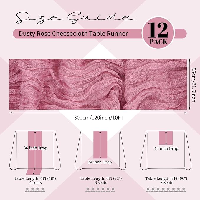 12 Pack Dusty Rose Cheesecloth Table Runner 120 inch Fall Thanksgiving Boho Rustic Gauze Farmhouse 10FT Cheese Cloth Runner for Baby Shower Wedding Party Holiday Home Decor