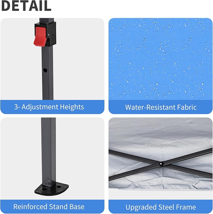 GDY 10x10 Pop Up Canopy Tent, Outdoor Gazebo with 4 Sandbags, Easy Up Canopy with 3 Adjustable Heights for Events, Parties, Camping, Blue.