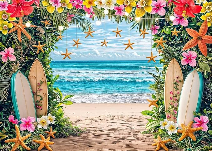 9x6ft Summer Hawaiian Beach Backdrop Tropical Flower Flamingo Palm Leaves Surfboard Backbrops Photography Background for Aloha Luau Theme Party Decorations Banner Photo Props