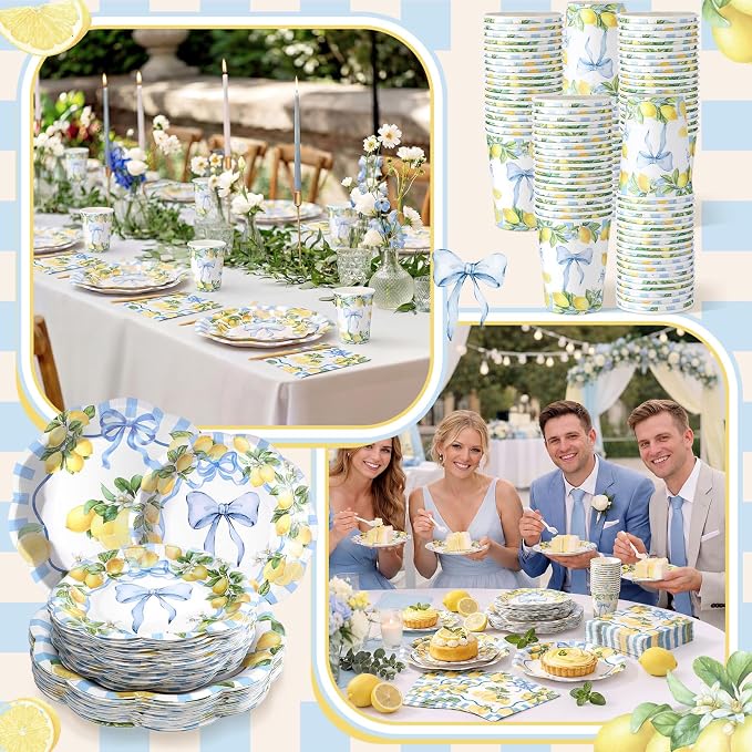 Newtay 250 Pcs Amalfi Lemon Party Plates and Napkins Blue Bow Lemon Theme Disposable Plates Bachelorette Birthday Tableware for 50 Guests for Wedding Bridal Shower Mediterranean Party Supplies