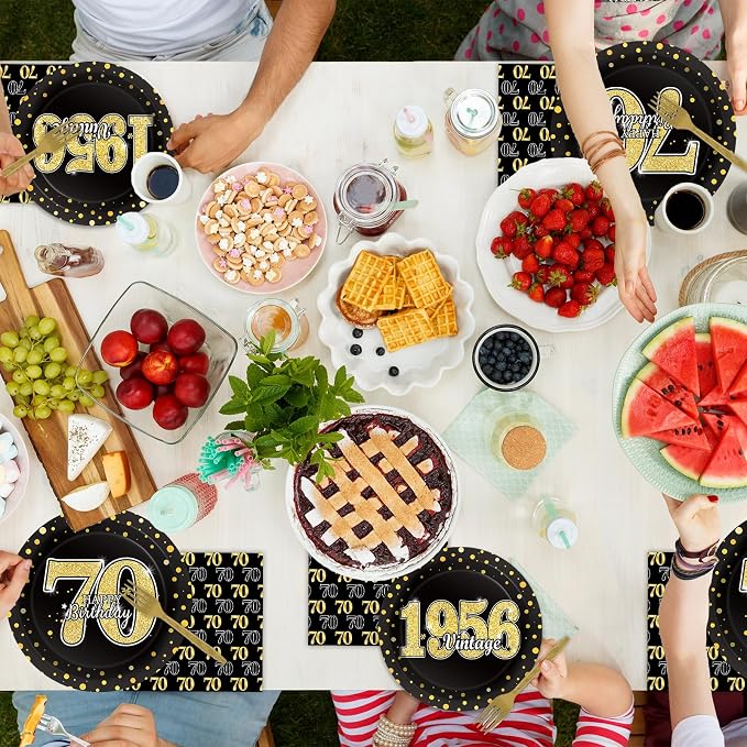 200PCS 70th Theme Birthday Party Tableware Vintage 1956 Party Supplies 70 year old Birthday Party Decorations Plates Napkins Forks Black and Gold Dinnerware Favors for Men or Women